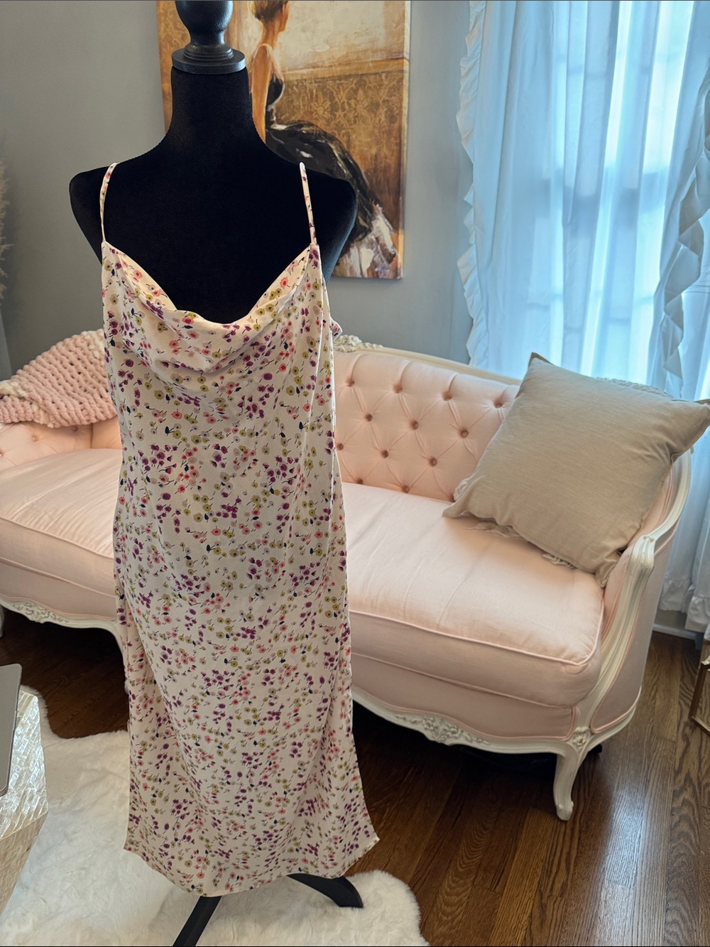 Floral Cowl Neck Slip Dress in Cream with Pink & Green Floral Print